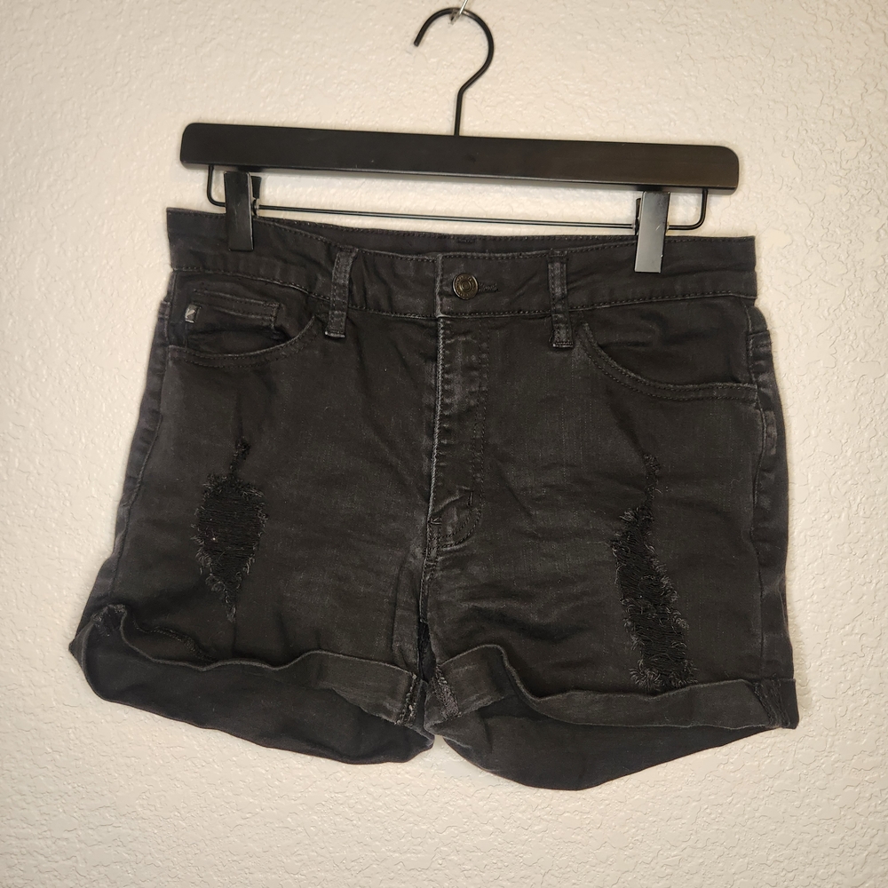 KanCan Black Distressed Denim High Rise Cuffed Shorts Size 9 28